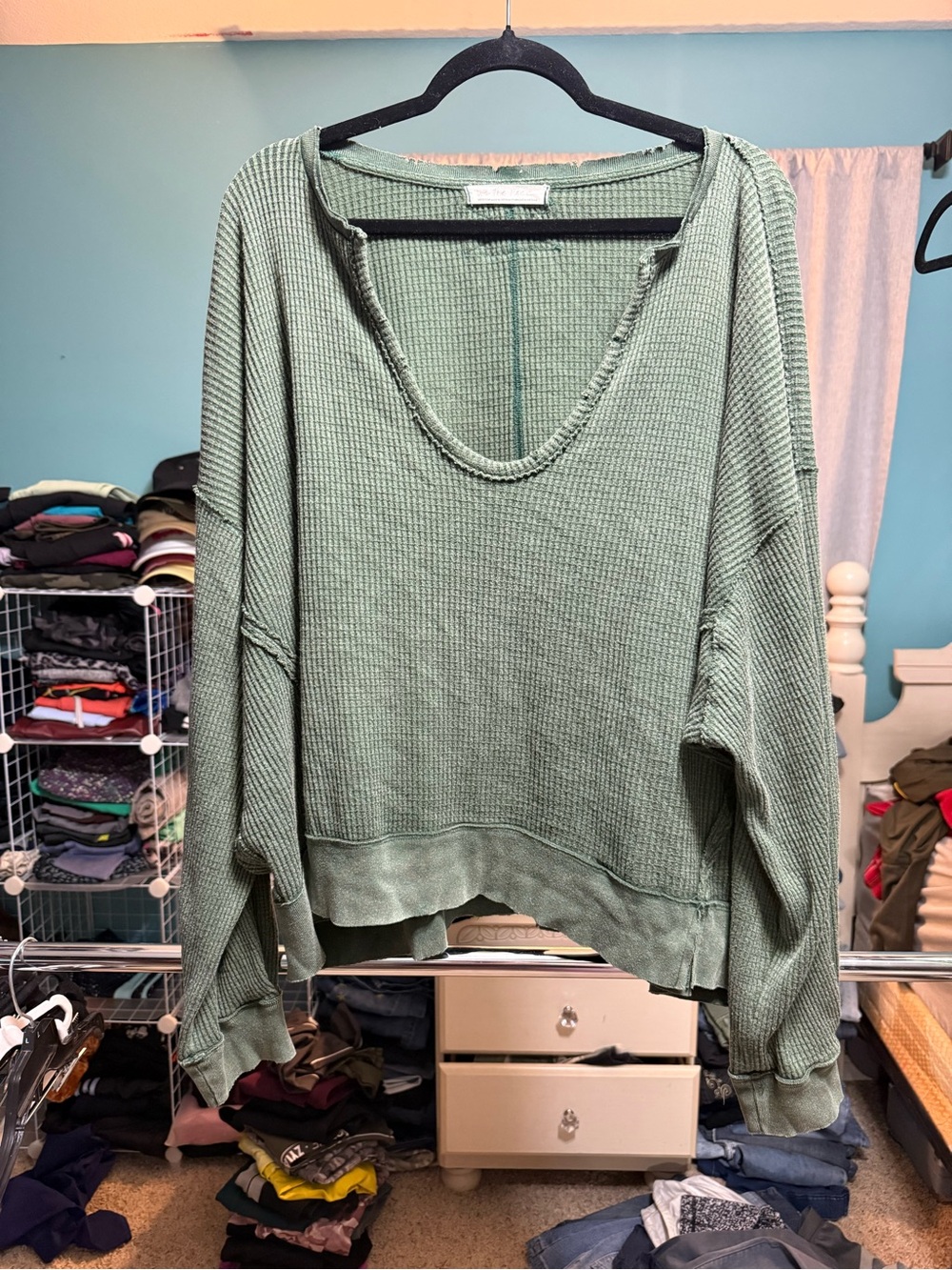 Free People We The Free Green Oversized Waffle Thermal Top M